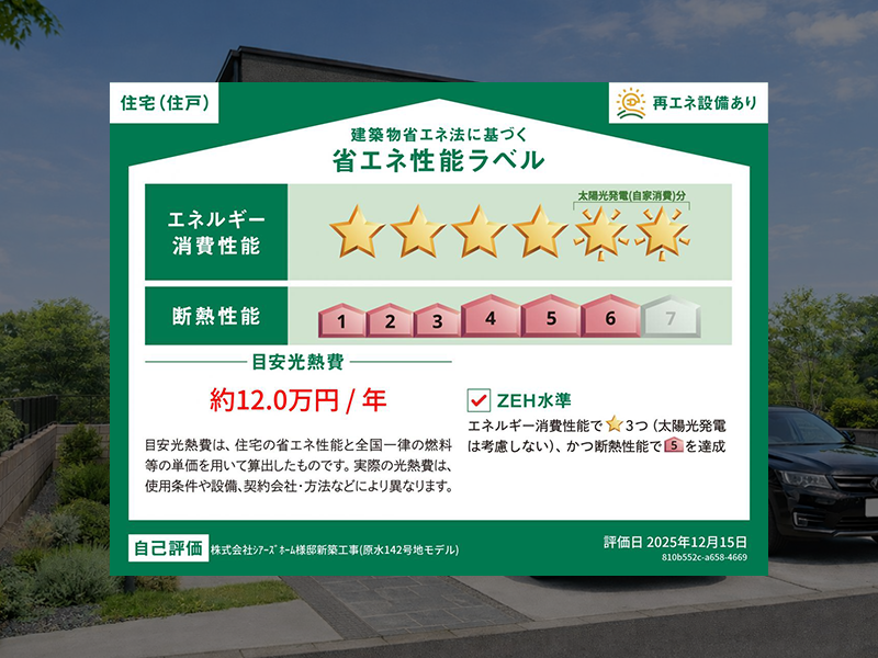 【省エネ性能】エネルギー消費性能：★★★★★★　【断熱性能】断熱等級６　【目安光熱費】約12.0万円／年