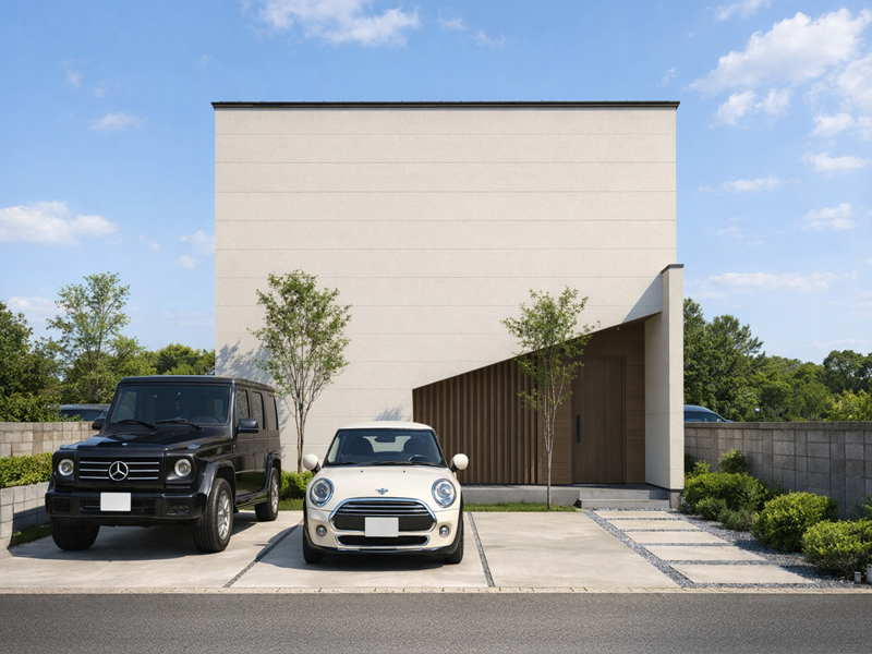 菊陽町原水 33坪 4LDK 分譲モデルハウスの完成イメージパースです。縦型フォルムに木目調が映える、上質でシンプルなモダンな外観です。外構は価格に含みません